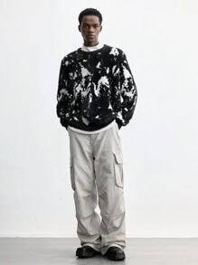 Maija 2025 New Men's Loose Fit Thickened Pullover Sweater, Black & White Color-Block, Casual Wear For Christmas, New Year, Valentine's Day, Daily Life