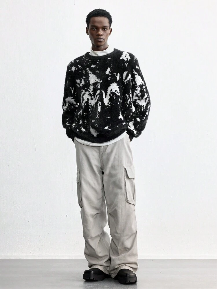 SHEIN Maija 2025 New Men's Loose Fit Thickened Pullover Sweater, Black & White Color-Block, Casual Wear For Christmas, New Year, Valentine's Day, Daily Life