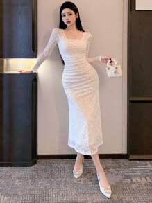 DAZY Women Square Neck Long Sleeve Fitted Elegant Lace See-Through Dress Elegant,Fall Dress - Apricot - View 4