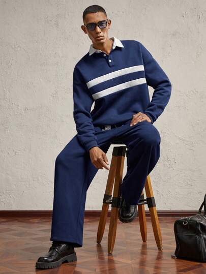 AKNOTIC Party 男士针织修身翻领拼色长袖休闲 Polo 衫，适合秋季