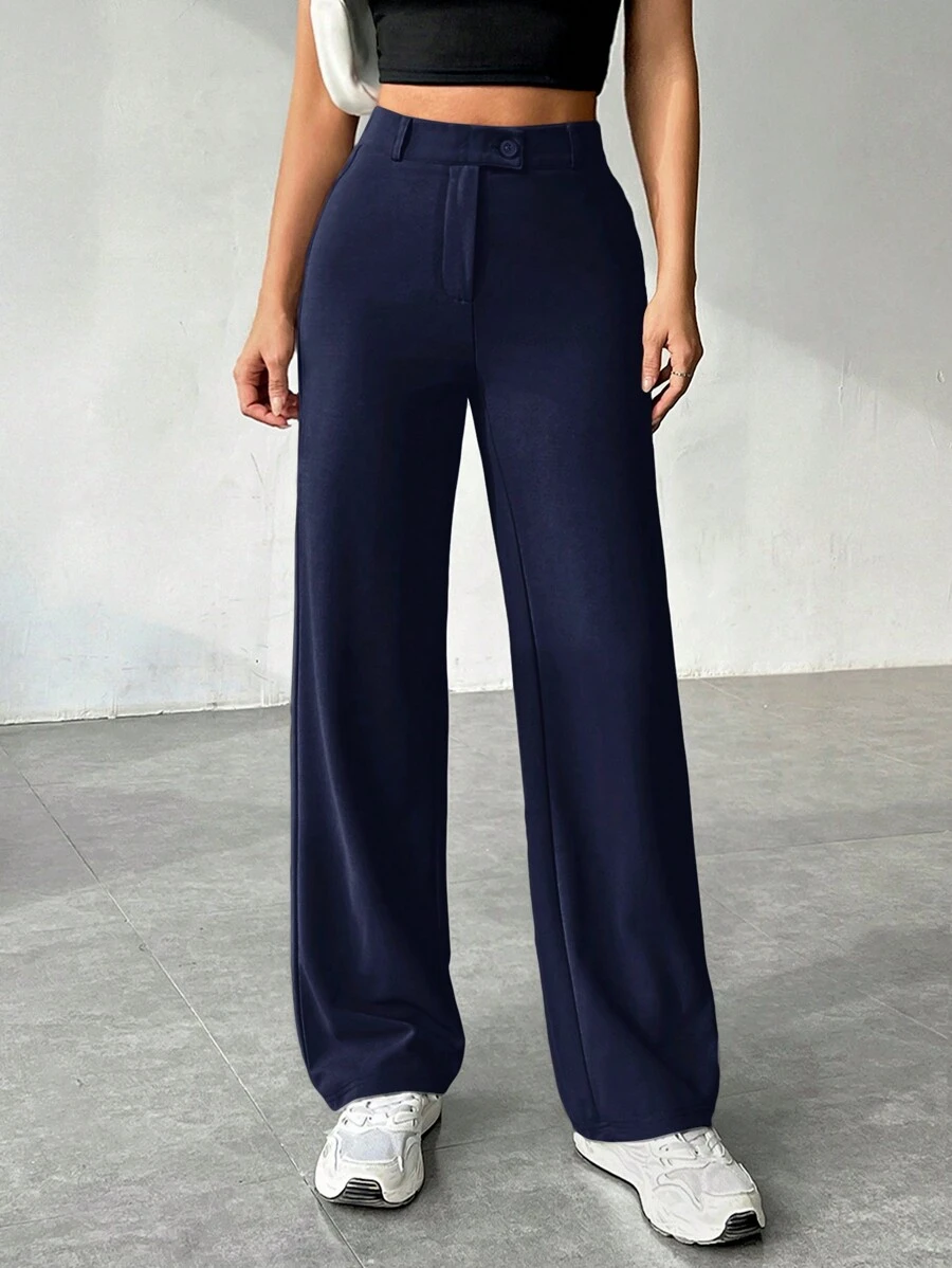 SHEIN EZwear 女士纯色前扣简约休闲长裤，适合日常穿着