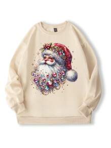 SHEIN EZwear 圣诞圣诞老人图案印花圆领女式运动衫，秋冬季休闲款 - 米色 - 查看 3