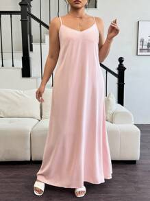 Elenzga Women's Elegant Solid Color Sleeveless A-Line Dress Maxi Women Outfit - Pink - View 5