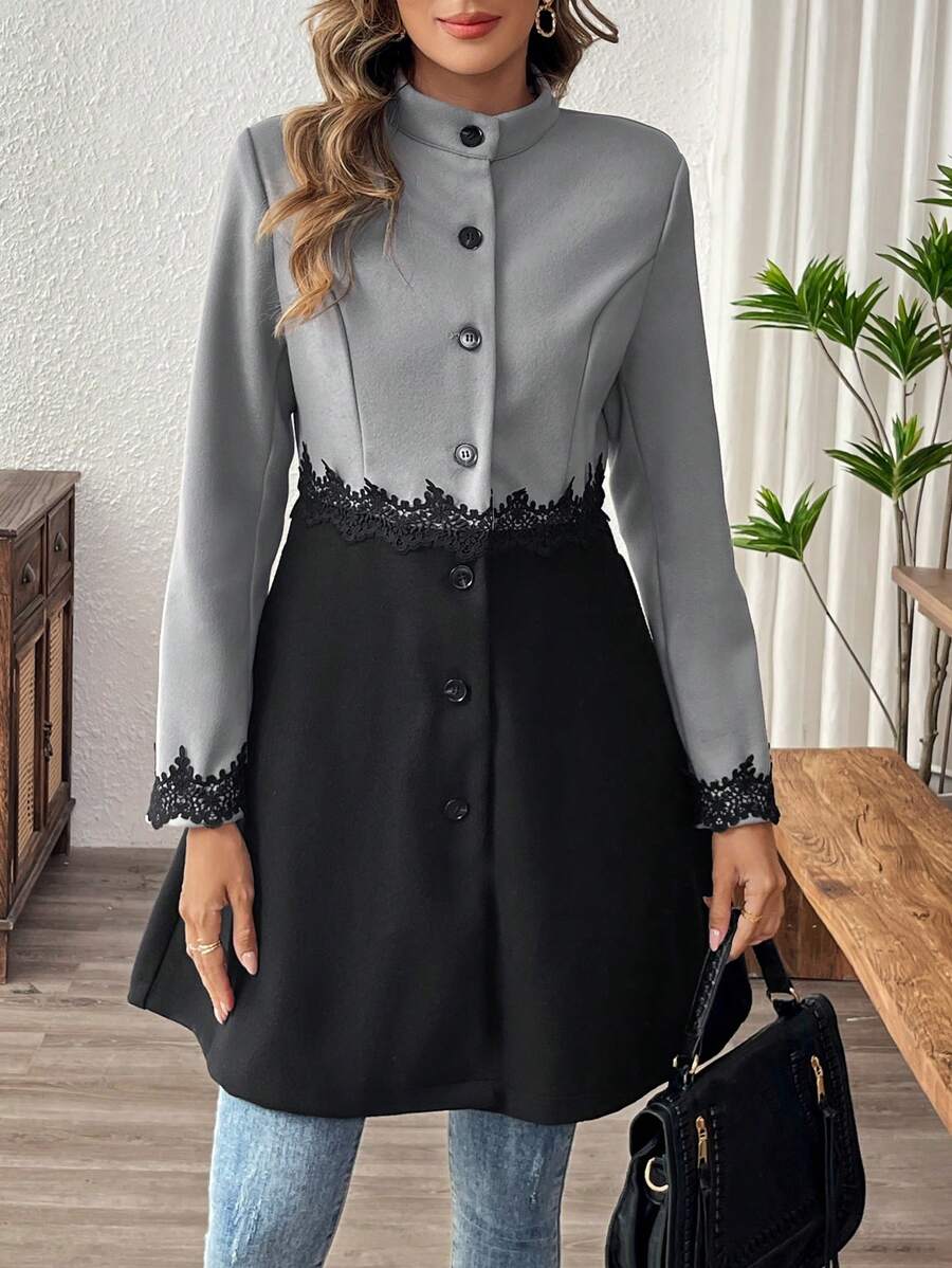 EMERY ROSE 女士优雅连衣裙，配色块荷叶边细节、口袋，秋冬款 - 灰色 - 查看 1