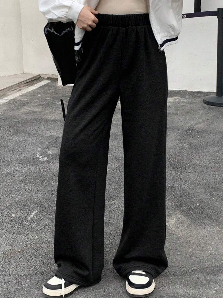 Women's Casual Solid Color Thermal Lined Loose Straight Leg Pants, Autumn/Winter