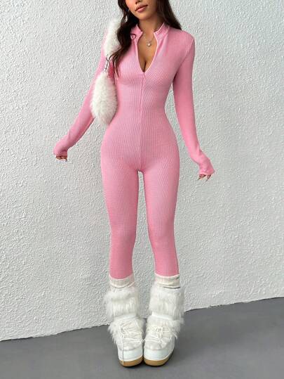 SHEIN EZwear Jednokolorowy damski kombinezon z zamkiem błyskawicznym z przodu i długim rękawem, swobodny i obcisły