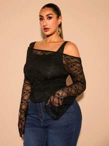 SHEIN BAE Plus Size Women's See-Through Lace Long Sleeve Blouse And Camisole Two Pieces Set, Suitable For Dating, Party, Christmas, Off-Shoulder, Black, Blouse For Women, Tops For Women, Off-Shoulder Top, T-Shirts, Knit Top, Crop Top, Asymmetrical, Curve Tops, Fitted, Plain, Women's Basics, Western Women's Clothes, Summer, Tight, Easter, Spring Clothes - Black - View 3