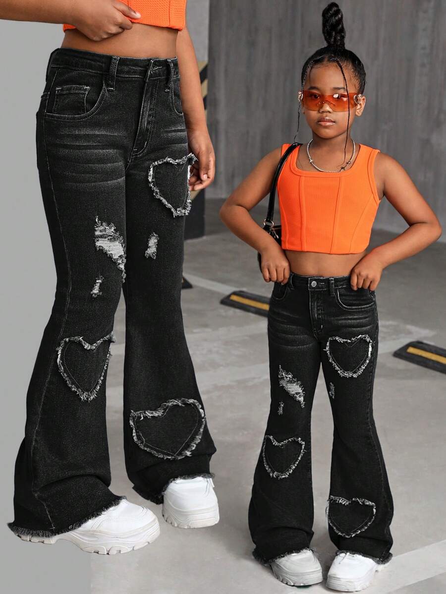 SHEIN Tween Girls Y2K Heart Pattern Distressed Flared Denim Flare Leg Jeans,Girls Fall Clothes Back To School Outfits - Black - View 1