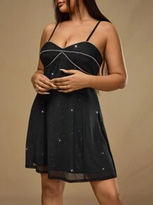 Forever 21 Fall & Winter Women Black Homecoming/Back To School/Christmas/Party/Bachelorette Outfits/Mini Dress With Rhinestone Decoration And Spaghetti Straps - Black - View 5