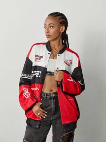 Muchica Áo khoác bomber họa tiết sọc chữ thời trang thu đông cho nữ - Nhiều màu - Xem 3