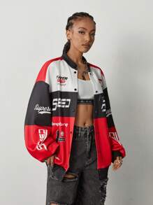 Muchica Áo khoác bomber họa tiết sọc chữ thời trang thu đông cho nữ - Nhiều màu - Xem 5