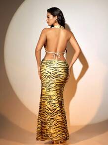 SHEIN SXY Women's Fashionable Sexy Tiger Stripe Low Neck Backless Dress,New Years Eve Outfit,New Years Outfit,New Years Eve Outfit,Party Women Outfits,