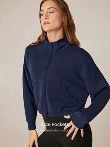 GLOWMODE Modal Soft Lapel High Collar Elastic Hem Long Sleeve Jacket With Side Pockets Daily Casual - Navy Blue - View 4