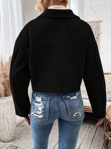 Women's Black Drop Shoulder Long Sleeve Short Overcoat, Autumn/Winter