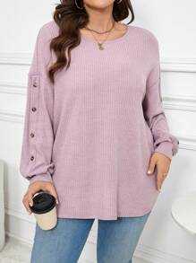 SHEIN LUNE Áo thun tay dài gân màu trơn cỡ lớn dành cho nữ, thường ngày mừng năm mới, phụ nữ nhiệt tình trong ngày lễ Tạ ơn - Bụi tím - Xem 6