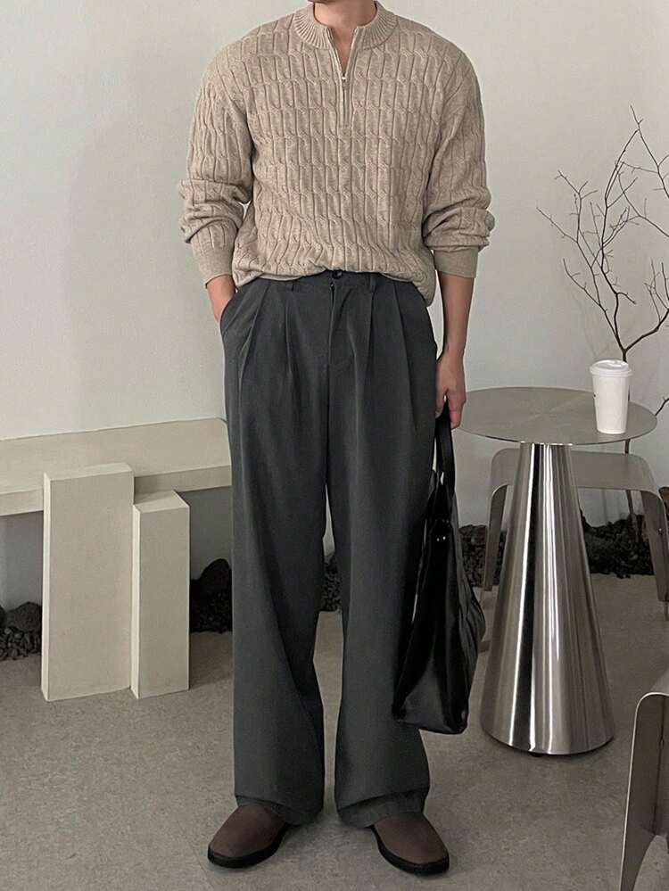 Men's Solid Color Long Sleeve Zip Up Half-Placket Casual Sweater, Autumn/Winter Quarter Zip Men