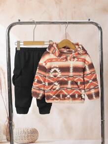 SHEIN 2 Stücke/Set Baby Jungen Langarm Hoodie & Lange Hose Set, Floral & Dreieck Fleece Trainingsanzug