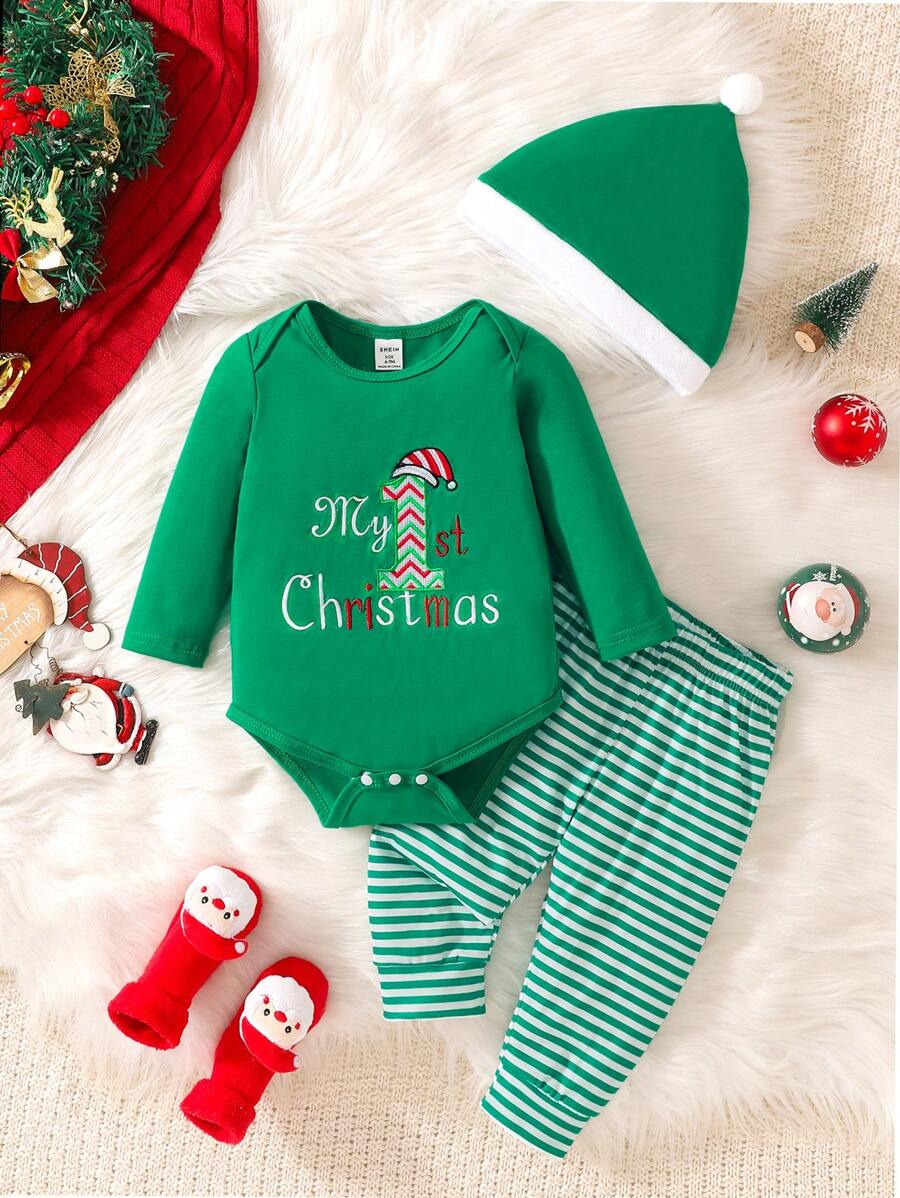3pcs Set Baby Boy Casual Santa Claus Embroidery Bodysuit And Pants Christmas Outfit Clothes Set - Green - View 1