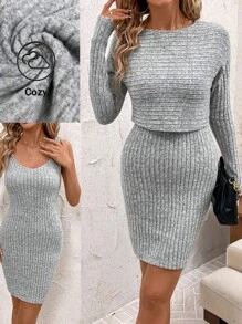 SHEIN Clasi Plus Size Women 2pcs Set, Solid Color Round Neck Loose Long Sleeve T-Shirt And Slip Dress, Elegant Autumn/Winter Outfit