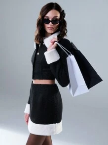 SHEIN Unity Winter Contrast Faux Fur Hem Solid Tweed Mini Skirt Elegant - Black and White - View 7