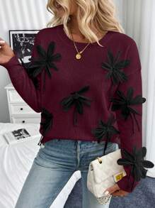 Chiquease 女士圆领长袖简约休闲手工花卉装饰套头毛衣针织衫秋冬款