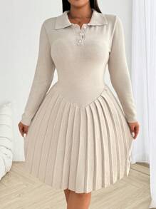 Calvaya 大码翻领单排扣 A 字长袖毛衣裙，休闲日常穿着，适合冬季 - 杏色 - 查看 7