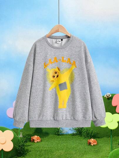 Teletubbies X SHEIN Plus Size Vintage Y2K Kawaii Anime Themed Printed Loose Fit Warm Thermal Sweatshirt