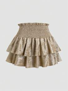 Breezaya 女式纯色荷叶边腰部分层荷叶边下摆 A 字迷你裙，适合新年节日派对服装 - 金色 - 查看 2