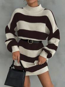 EURMUSE Women Drop Shoulder Sweater Dress With Striped Pattern - Brown - View 7