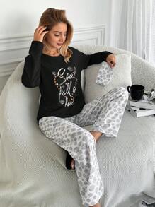EURMUSE Conjunto de pijama de mujer de algodón con estampado de lunares y letras - Negro - Ver 1