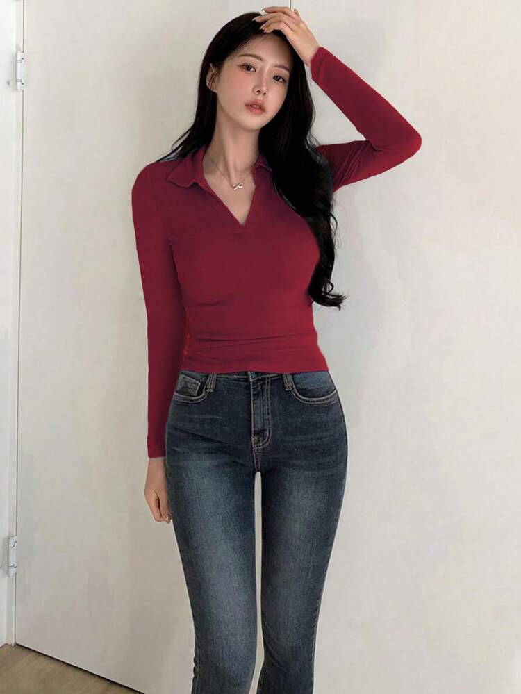 Women Solid Color Long Sleeve Pocket Simple Casual Slim Fit Polo Neck Red T-Shirt, Burgundy Top Summer Preppy Tops