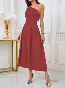 SHEIN Belle Women's Elegant Solid Color One Shoulder Cocktail Party Dress For New Year, Wedding Guest Dress - Red - View 6