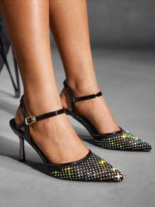 CUCCOO SZL 女士尖头水钻装饰金属细高跟鞋，性感黑色网眼露背夜店派对鞋 - 黑色 - 查看 5