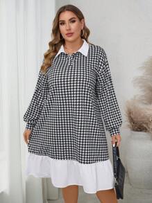 SHEIN LUNE Robe décontracté à manches longues pour femmes grandes tailles, à col contrastant en pied-de-poule. Robes pour l'automne, la Saint-Valentin, les fêtes, le quotidien, les vacances et les sorties en boîte - Multicolore - Voir 3