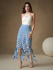 Anewsta Laser Cut Multi Circle Double Layered Skirt Maxi - Blue - View 3