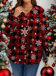 EMERY ROSE Plus Size Women Casual Long Sleeve Turn-Down Collar Button-Up Blouse For Christmas - Red - View 1