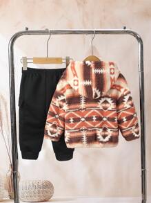 SHEIN 2 Stücke/Set Baby Jungen Langarm Hoodie & Lange Hose Set, Floral & Dreieck Fleece Trainingsanzug