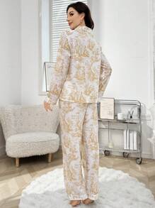 LuxeNights Bộ đồ ngủ tay dài cổ áo in họa tiết bong bóng, quần áo thu đông - Màu vàng - Xem 2