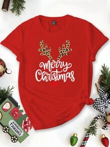INAWLY Christmas Reindeer Antler Print Fitted Casual Round Neck Short Sleeve Standard Tee Shirt, Summer For New Year Clothes Graphic Tees Women Tops - Red - View 3