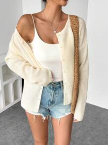 INAWLY 女士休闲纽扣落肩宽松罗纹针织开衫，秋冬 - 白色 - 查看 3