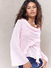 MISSGUIDED Blusa con cuello de barco transparente y espalda, mangas largas abombadas con detalle de volantes