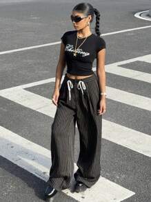 SHEIN EZwear Women's Casual Loose Woven Striped Wide Leg Pants, Black - Black - View 4