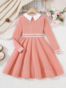 SHEIN Tween Girls Elegante Contrasterende Kleur Getailleerde Kraag Lange Mouw A-lijn Mid-Calf Jurk, Roze, Casual Voor Herfst/Winter