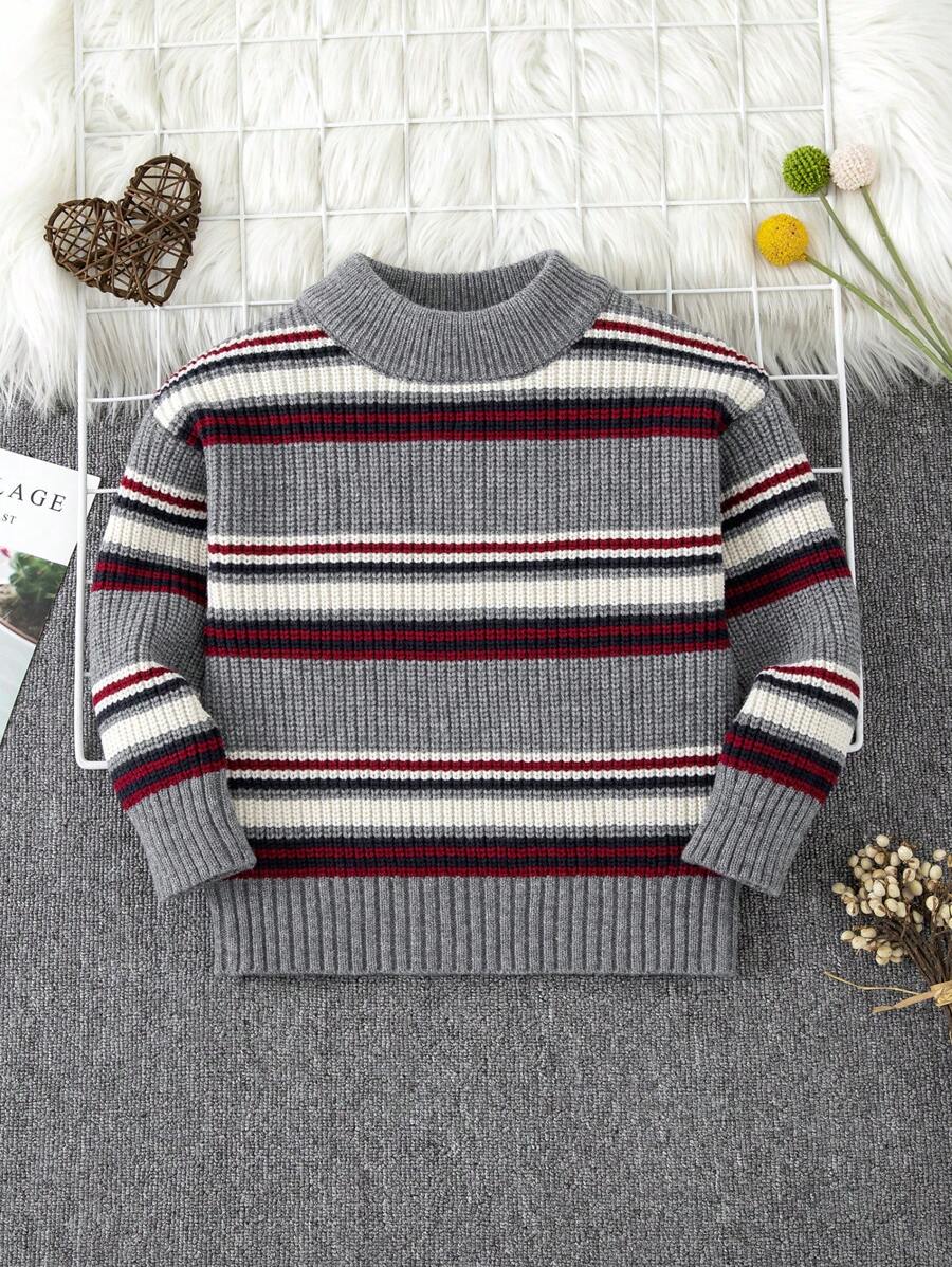 Áo len sọc cổ tròn tay dài thường ngày cho bé trai, mùa thu/đông - Màu Xám nhạt - Xem 1