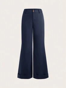 SHEIN BASICS بنطلون نسائي كاجوال ذو لون أحادي منسوج بساق واسعة - أزرق بحري - مشاهدة 6