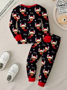 男婴圣诞可爱鹿印花休闲简约修身圆领舒适长袖上衣和长裤睡衣套装，适合秋冬季 - 彩色 - 查看 2