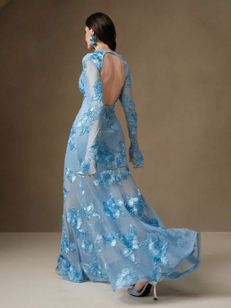 Elegant Blue Floral Embroidery Backless Mermaid Bodycon Dress For Women Maxi Women Outfit
