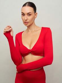 Activina Christmas Women Plain Minimalist Seamless Long Sleeve Sports T-Shirt For Daily Wear & Fitness & Ballet - Red - View 4