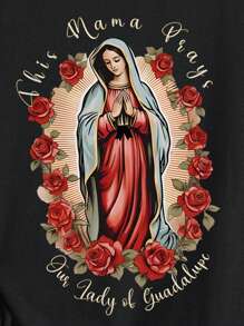 SHEIN LUNE Áo thun nữ cổ tròn tay ngắn in họa tiết hoa và khẩu hiệu giản dị thoải mái - màu đen - Xem 5