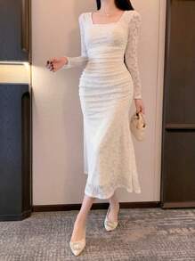 DAZY Women Square Neck Long Sleeve Fitted Elegant Lace See-Through Dress Elegant,Fall Dress - Apricot - View 2